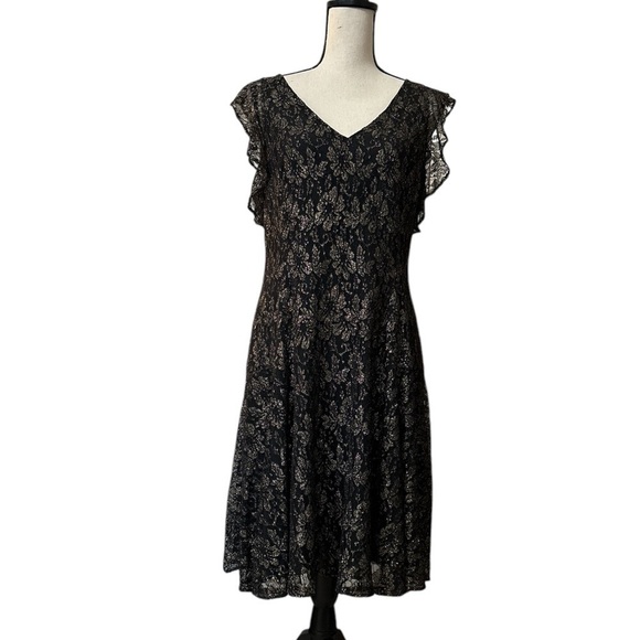Tommy Hilfiger Black Gold Floral Mesh Lace Dress Flutter Sleeve Dress Sz. 12 - Picture 6 of 14